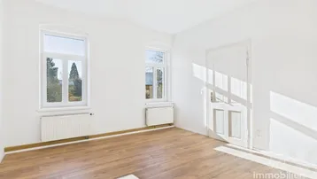 Helles, leeres Zimmer mit Laminatboden, weißen Wänden und zwei Fenstern, die viel Tageslicht hereinlassen.