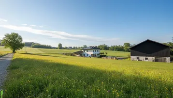 Weitläufige Landschaft mit einem Wohnhaus und einem Wirtschaftsgebäude umgeben von grünen Feldern.