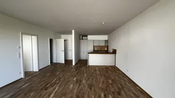 Heller offener Wohnbereich mit Holzboden und integrierter Küchenzeile in einem Neubau.