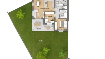 Detaillierter Grundriss mit offenem Wohn-/Kochbereich, zwei Schlafzimmern, Terrasse und Garten.