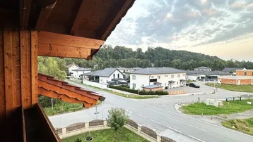 Blick vom Holzbalkon auf die Straße und die umliegende Wohngegend mit viel Grün.