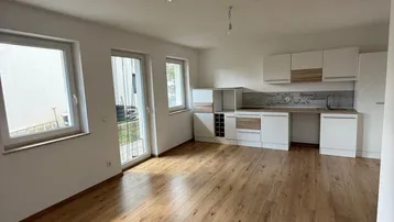 Heller offener Wohnbereich mit integrierter Küche, Holzboden und Zugang zur Terrasse.