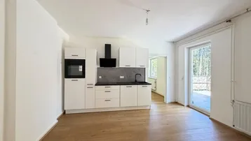 Helle Wohnküche mit moderner Einbauküche, Laminatboden und Zugang zur Terrasse.
