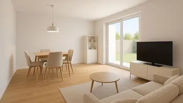 Helles Wohn- und Esszimmer mit Holzboden, modernen Möbeln und Zugang zum Garten.