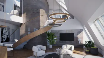 Modernes Wohnzimmer mit offener Galerie, Wendeltreppe und großen Dachfenstern, lichtdurchflutet.