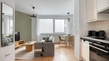 Heller offener Wohnbereich mit integrierter Küche, Parkettboden und modernem Sofa.