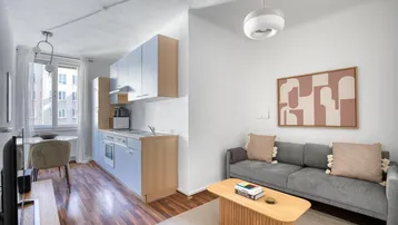 Heller offener Wohnbereich mit integrierter Küchenzeile, Parkettboden und modernem Sofa.