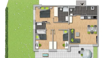 Detaillierter Grundriss einer Wohnung mit drei Schlafzimmern, offenem Wohnbereich, Terrasse und Garten.