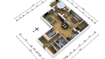 Grundriss einer modernen Wohnung mit offenem Wohnbereich, Schlafzimmer, Bad und einer großen möblierten Terrasse.
