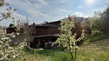 Modernes Gebäude mit Holzfassade, umgeben von blühenden Bäumen und grüner Landschaft mit Bergblick.