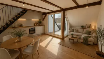 Heller offener Wohn-Essbereich mit integrierter Küche, Holzbalken und Zugang zu einem Balkon.