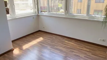 Heller Raum mit Laminatboden und vielen Fenstern, ideal für verschiedene Nutzungen.