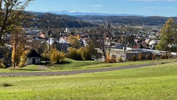 Weitläufige Landschaft mit Blick auf eine Stadt, bewaldete Hügel und schneebedeckte Berge in der Ferne.