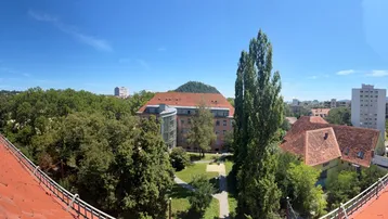 Panoramablick über rote Dächer, grüne Bäume und städtische Gebäude unter einem strahlend blauen Himmel.