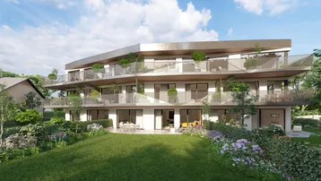 Moderne Wohnanlage mit großzügigen Balkonen, Terrassen und einem gepflegten Gartenbereich.