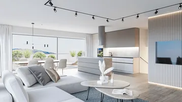 Moderner offener Wohn- und Essbereich mit integrierter Küche, großen Fenstern und Zugang zur Terrasse.