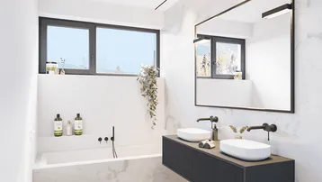 Modernes Badezimmer mit Marmorfliesen, Doppelwaschbecken und integrierter Badewanne unter dem Fenster.