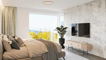 Helles Schlafzimmer mit großem Fenster, Panoramablick und moderner Einrichtung.