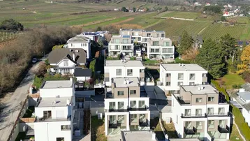 Luftaufnahme einer modernen Wohnsiedlung mit mehreren Häusern und umliegenden Weinbergen.