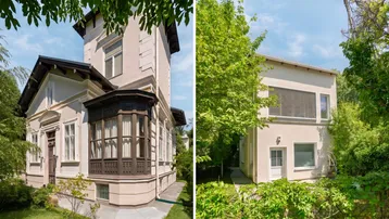 Historische Villa mit eleganter Fassade, Erker und üppigem Grün.