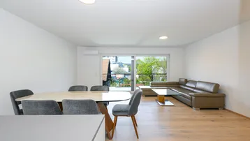 Helles, offenes Wohn-Esszimmer mit Parkettboden, Ledersofa und Zugang zum Balkon.