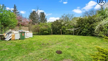Große Rasenfläche im Garten mit Bäumen und Sträuchern, die auf eine zukünftige Gestaltung wartet.