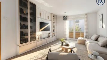 Helles, modern eingerichtetes Wohnzimmer mit integriertem Mediasystem, Holzboden und Zugang zum Balkon.