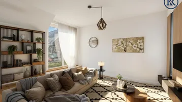 Helles Wohnzimmer mit modernem Teppich, beigem Sofa und großem Fenster.