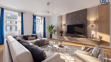 Helles, modern eingerichtetes Wohnzimmer mit bequemen Sofas und einem eleganten Medienbereich.