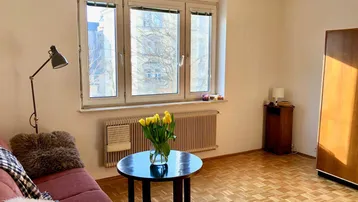 Helles Wohnzimmer mit Parkettboden, großem Fenster und gemütlichem Sofa, ideal zum Entspannen.