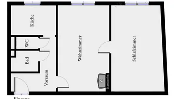 Grundriss einer Wohnung mit Eingangsbereich, Bad, WC, Küche, Wohnzimmer und Schlafzimmer.