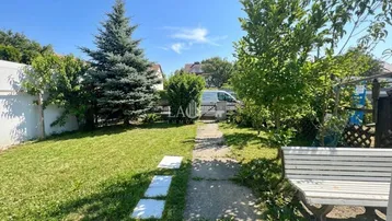 Gepflegter Gartenbereich mit Rasenfläche, Gehweg und einer Sitzbank im Freien.