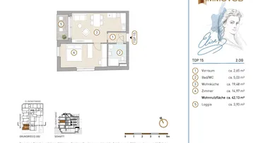 Grundriss einer Wohnung mit offener Wohnküche, Schlafzimmer und Loggia.