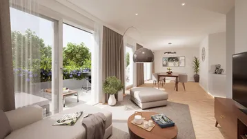 Helles, offenes Wohn- und Esszimmer mit Zugang zu einer möblierten Terrasse und modernem Design.