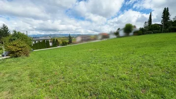 Grüne Wiese mit leichtem Hang und Blick auf die umliegende Landschaft und Häuser.