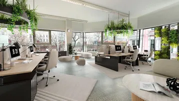 Modernes Großraumbüro mit vielen Arbeitsplätzen, großen Fenstern und Pflanzen als Dekoration.