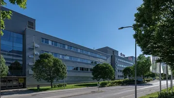 Modernes Bürogebäude mit großen Fenstern und einer Straße davor, umgeben von Bäumen unter blauem Himmel.
