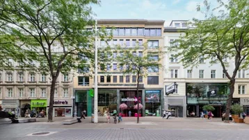 Eine belebte Einkaufsstraße mit Geschäften und Bäumen vor einem mehrstöckigen Gebäude mit moderner Architektur.