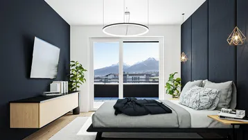 Modernes Schlafzimmer mit dunklen Wänden, Bergblick und Zugang zum Balkon.