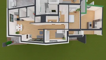 Detaillierter Grundriss zeigt ein offenes Wohnkonzept mit Küche, Essbereich, Wohnzimmer, mehreren Bädern und Zugang zu Terrasse und Patio.