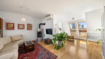 Geräumiges Wohnzimmer mit Holzboden, modernem Kaminofen und Klimaanlage.
