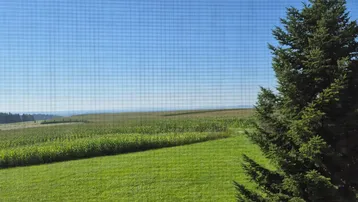 Blick auf einen gepflegten Garten mit angrenzenden Feldern und weitem Horizont unter blauem Himmel.
