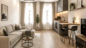 Modernes Wohnzimmer mit integrierter Küche, hellem Parkettboden und beiger Couch.