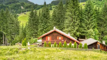 Traditionelles Holzchalet in alpiner Berglandschaft, umgeben von grünen Wiesen und hohen Nadelbäumen.