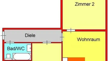 Grundriss einer Wohnung mit drei Zimmern, Diele, Bad/WC und integrierter Küche im Wohnraum.