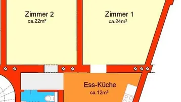 Grundrissplan einer Wohnung mit zwei Zimmern, Essküche, Diele und einem Bad mit WC.