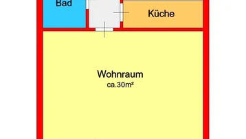 Grundrissplan einer Wohnung mit Wohnraum, Küche, Bad, Diele und einer Loggia.
