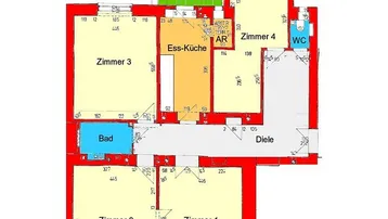 Grundriss der Wohnung mit vier Zimmern, Ess-Küche, Bad, WC und Terrasse.