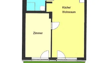 Grundriss einer Wohnung mit einem Zimmer, offener Küche/Wohnraum, Bad/WC und Terrasse.