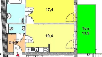 Grundrissplan einer Wohnung mit zwei Zimmern, zwei Bädern und einer großzügigen Terrasse von 13,9 m².